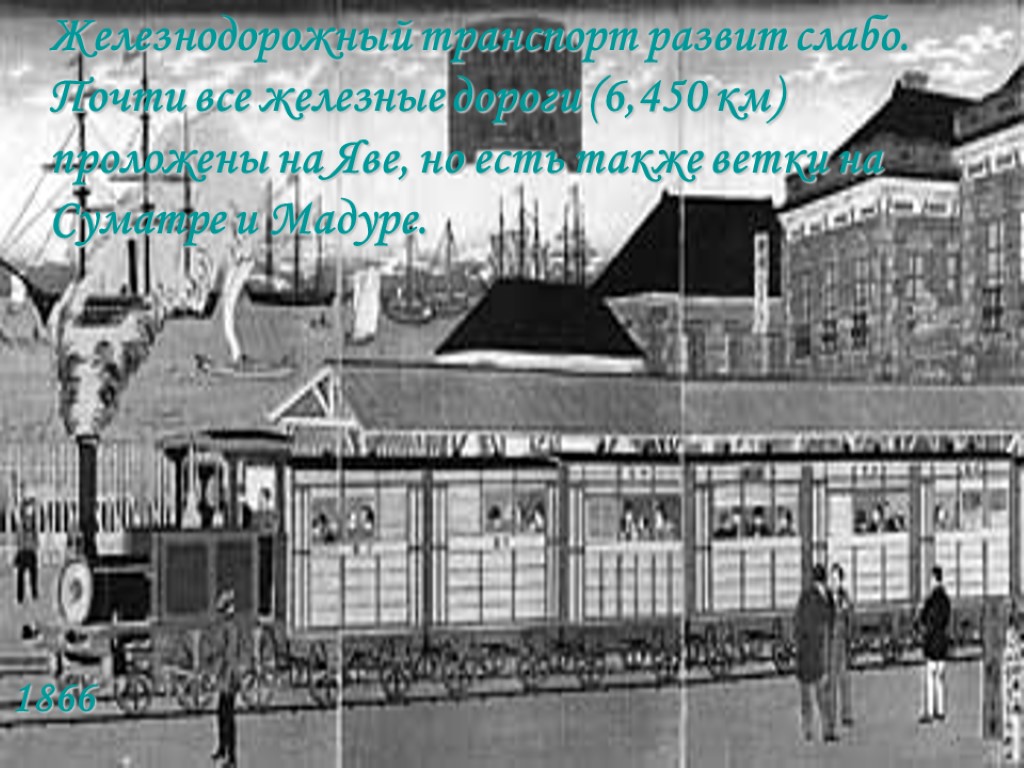 Железнодорожный транспорт развит слабо. Почти все железные дороги (6,450 км) проложены на Яве, но